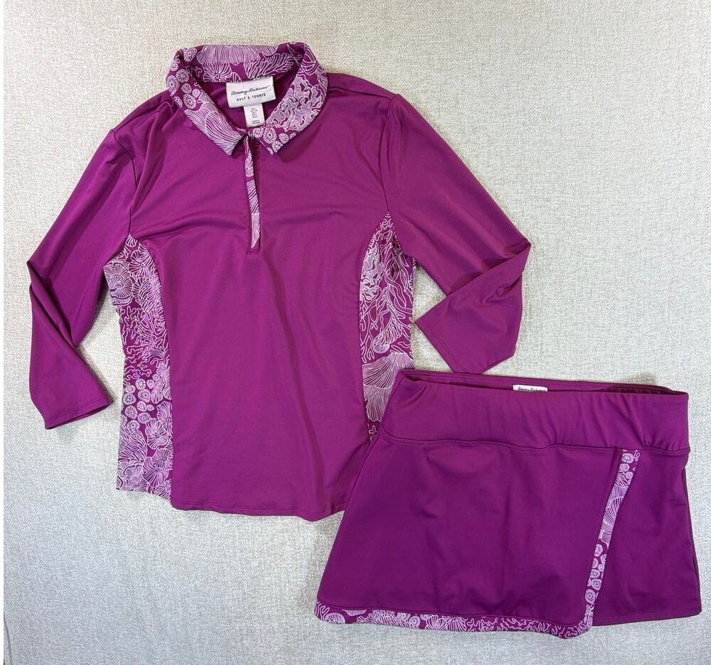 Tommy Bahama Women Large Pink Floral Golf Tennis Shirt Skort Matching Set Resort